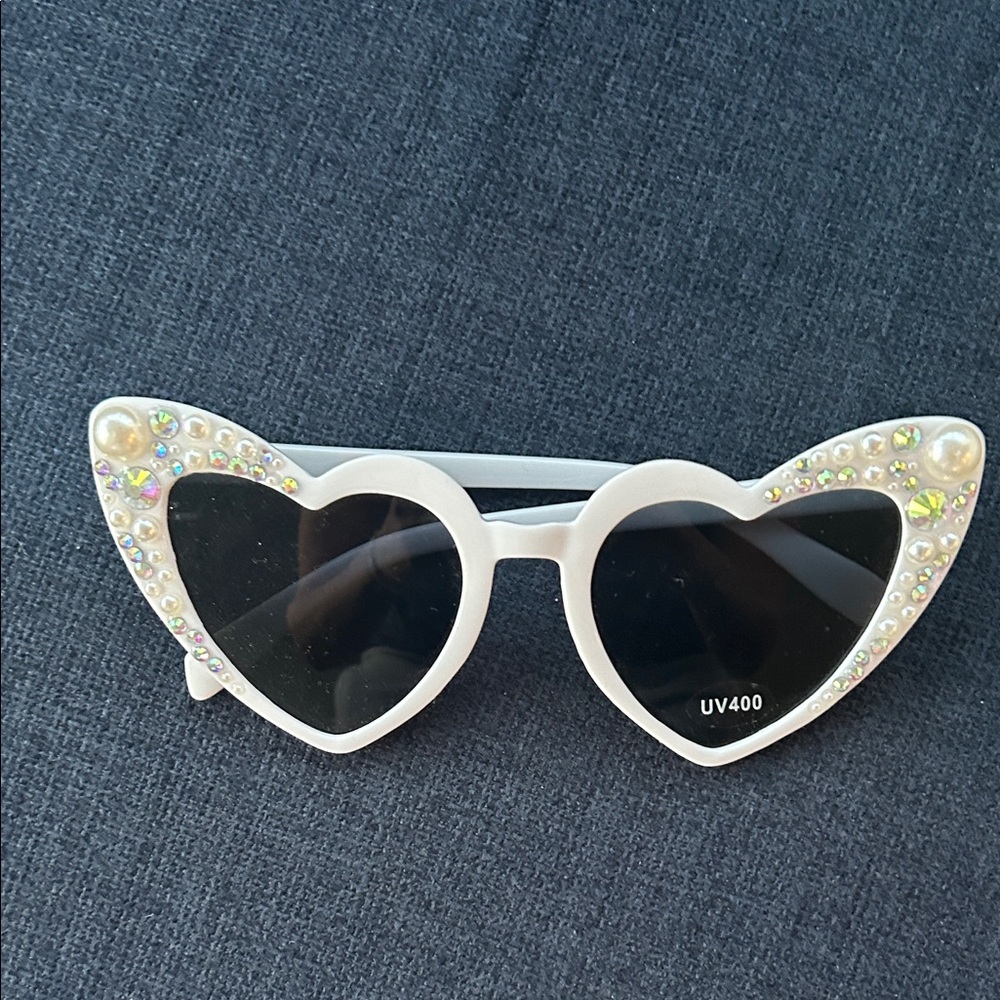 White Heart-Shaped Sunglasses with Rhinestones